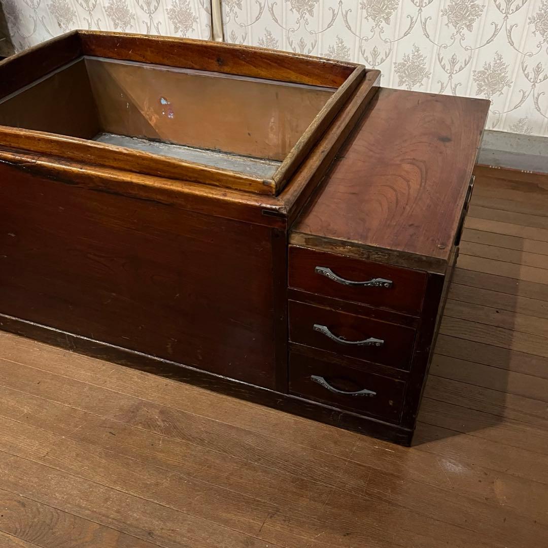 【アンティーク】木製 無垢材 火鉢 長方形 関東火鉢 銘木 引き出し収納付
