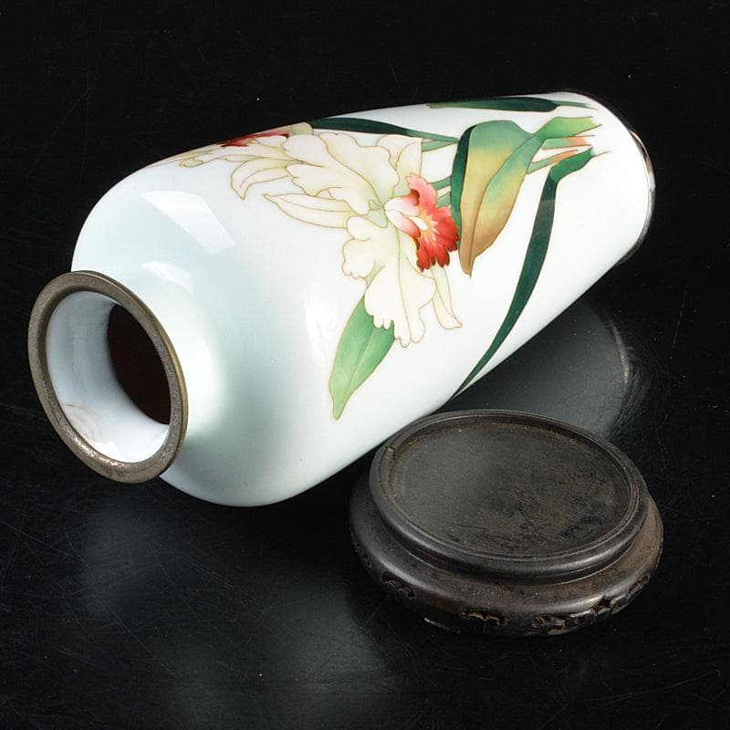 七宝焼　安藤七宝店　百合文　花瓶　唐木台付　C　6287