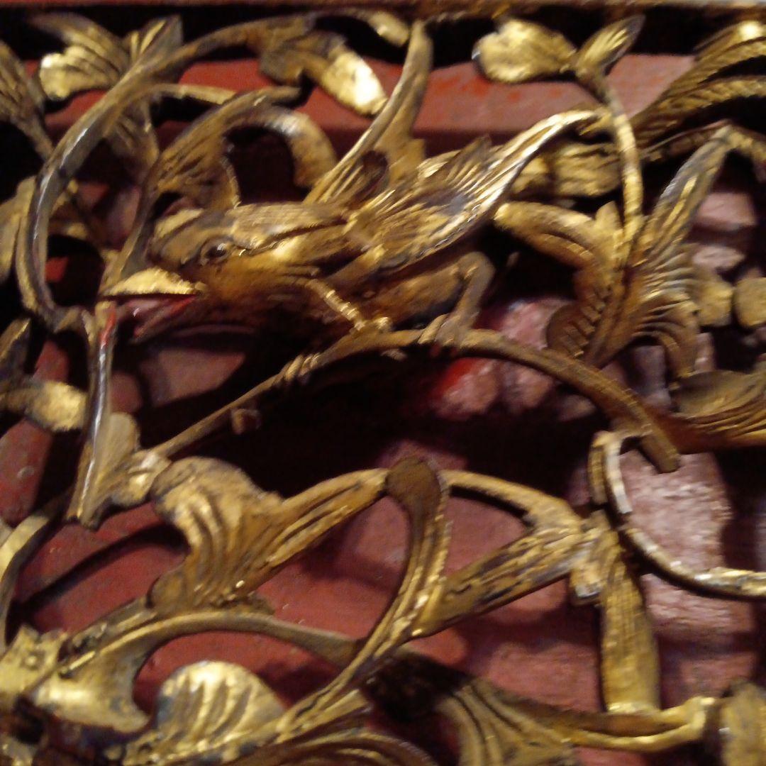 木彫工芸品 花鳥図 透かし彫り 金塗り　オブジェ　アンティーク