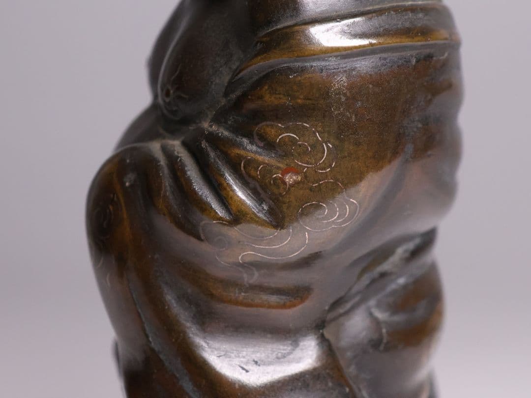 時代 銅製 晴珉造 布袋像 18.4cm 明治金工 置物 七福神 縁起【M415