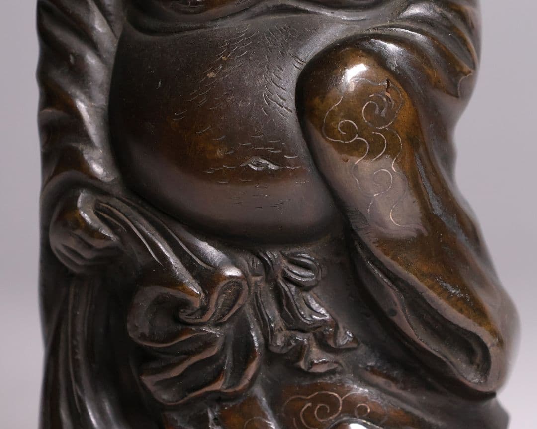 時代 銅製 晴珉造 布袋像 18.4cm 明治金工 置物 七福神 縁起【M415