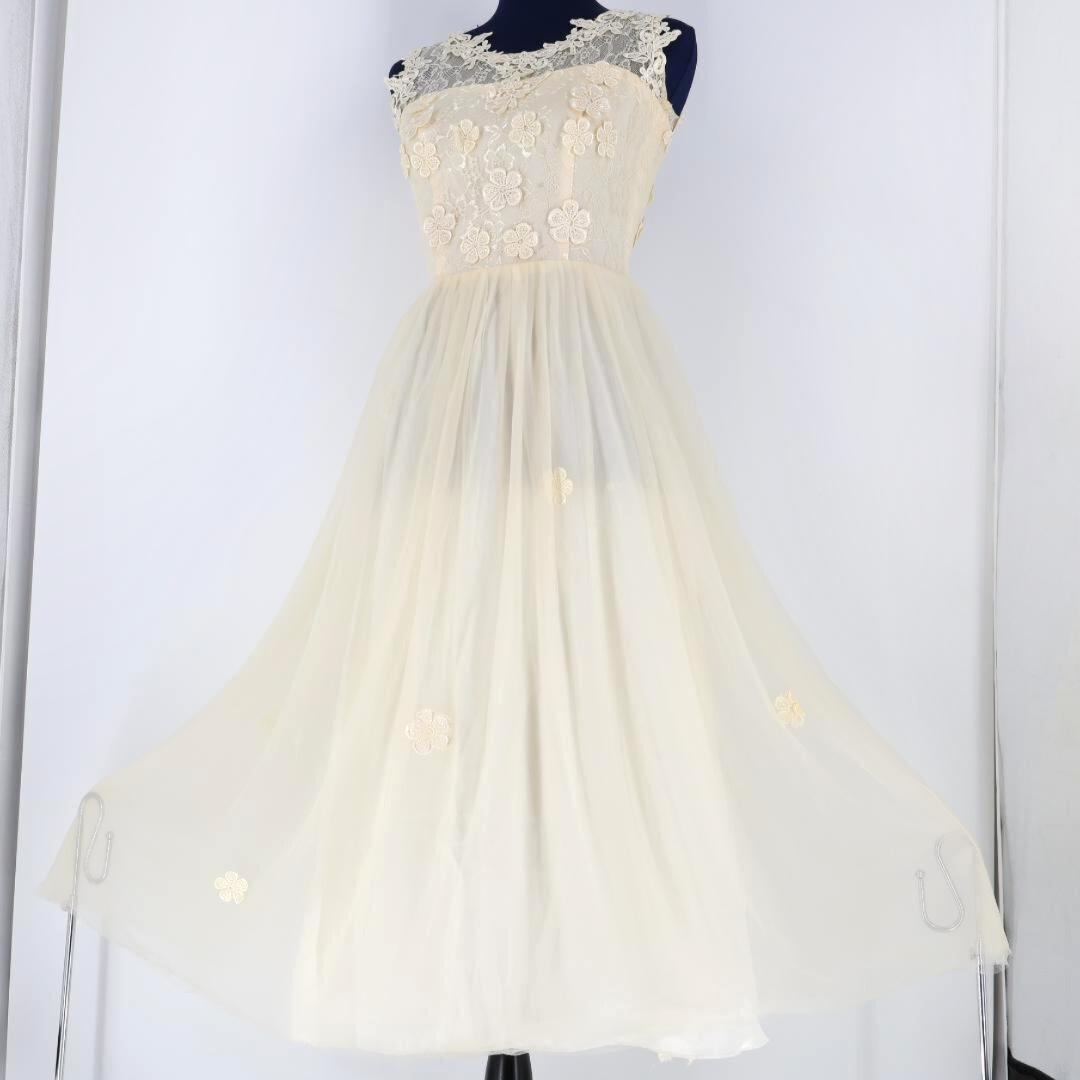 【美品 社交ダンス衣装】アイボリー ワンピースドレス レース フリル