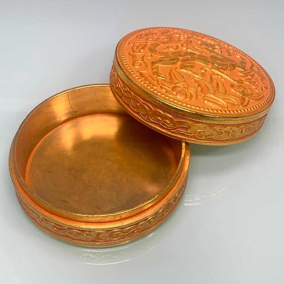 文房貝 小物入れ ジュエリーボックス凹凸金虎凰彫刻　インテリア　置物縁起物時代物