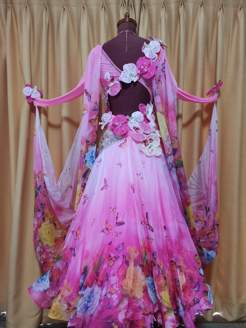 TY社交ダンス スタンダードドレス デモ競技 M　ピンク花柄　豪華