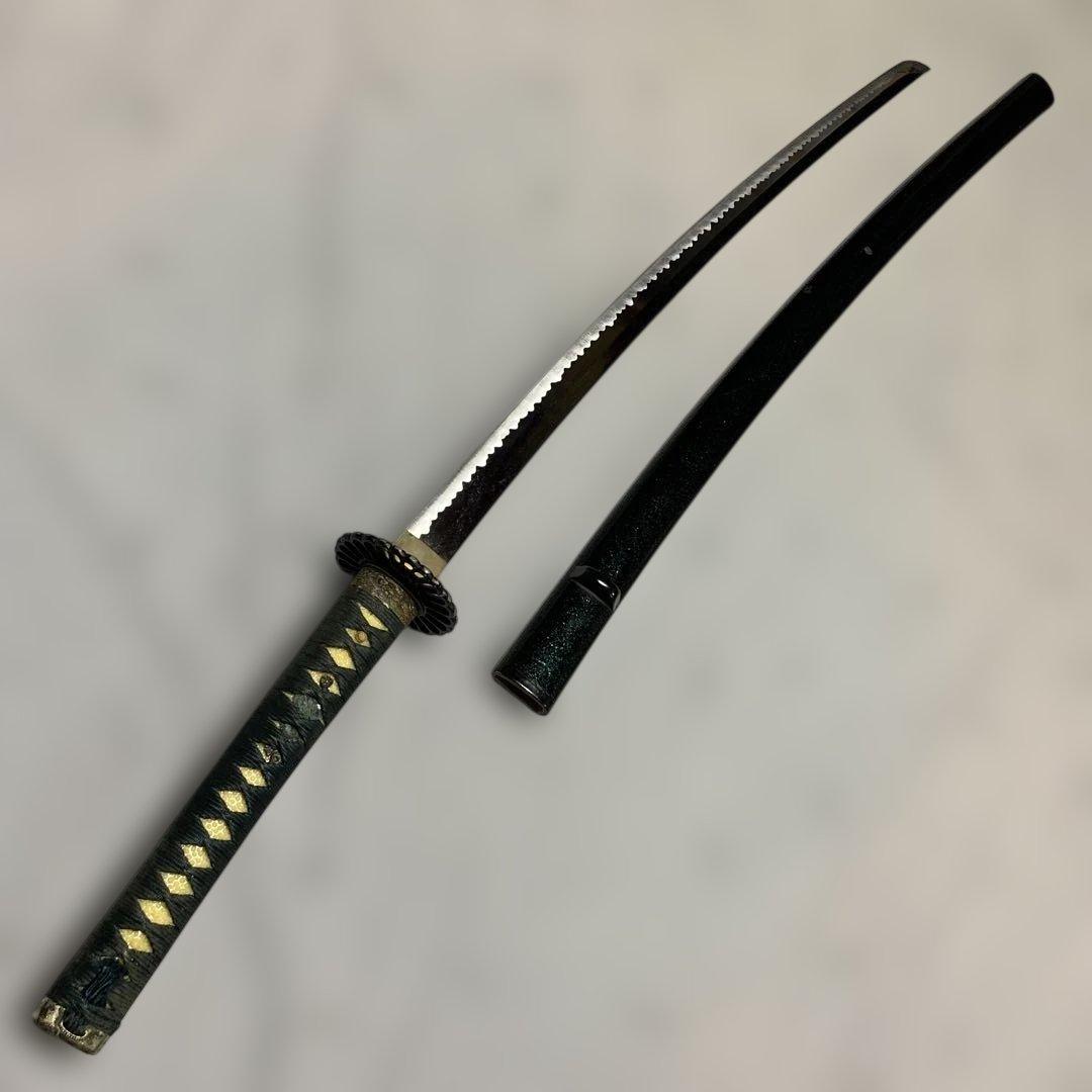 上級模造刀(下緒無し) 濃緑柄 菊花透し丸鍔 濃緑呂鞘