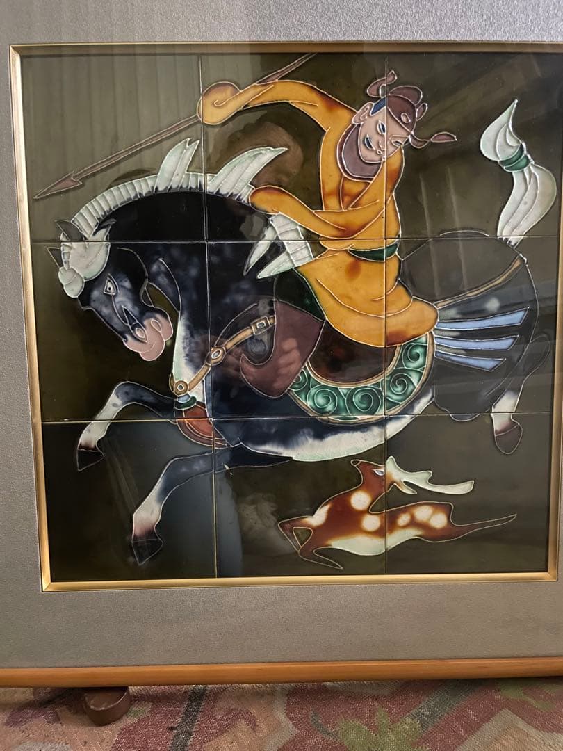 値下げ/エネルギーの高い　陶板画　中国騎馬武者　62 × 72厚さ4センチ