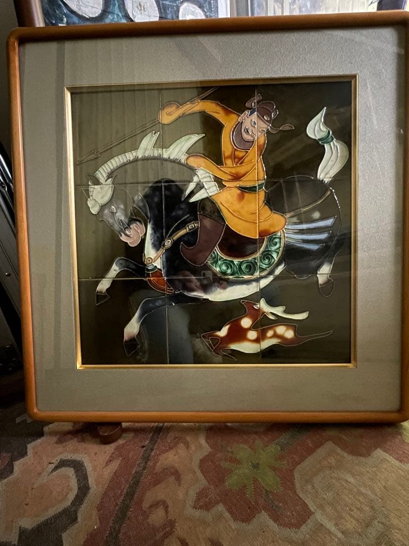 値下げ/エネルギーの高い　陶板画　中国騎馬武者　62 × 72厚さ4センチ