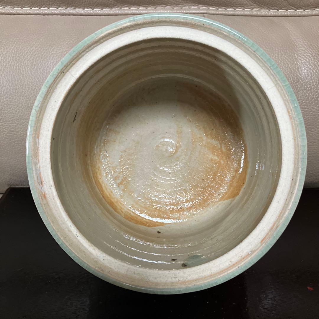 相馬焼　明月窯　馬の絵柄の青緑色水差し