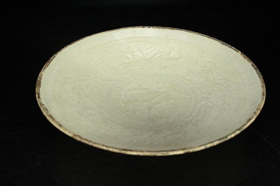 中国美術 唐物 白磁 印刻 双魚紋 碗 φ18cm 書付 仕服(K-RC959)