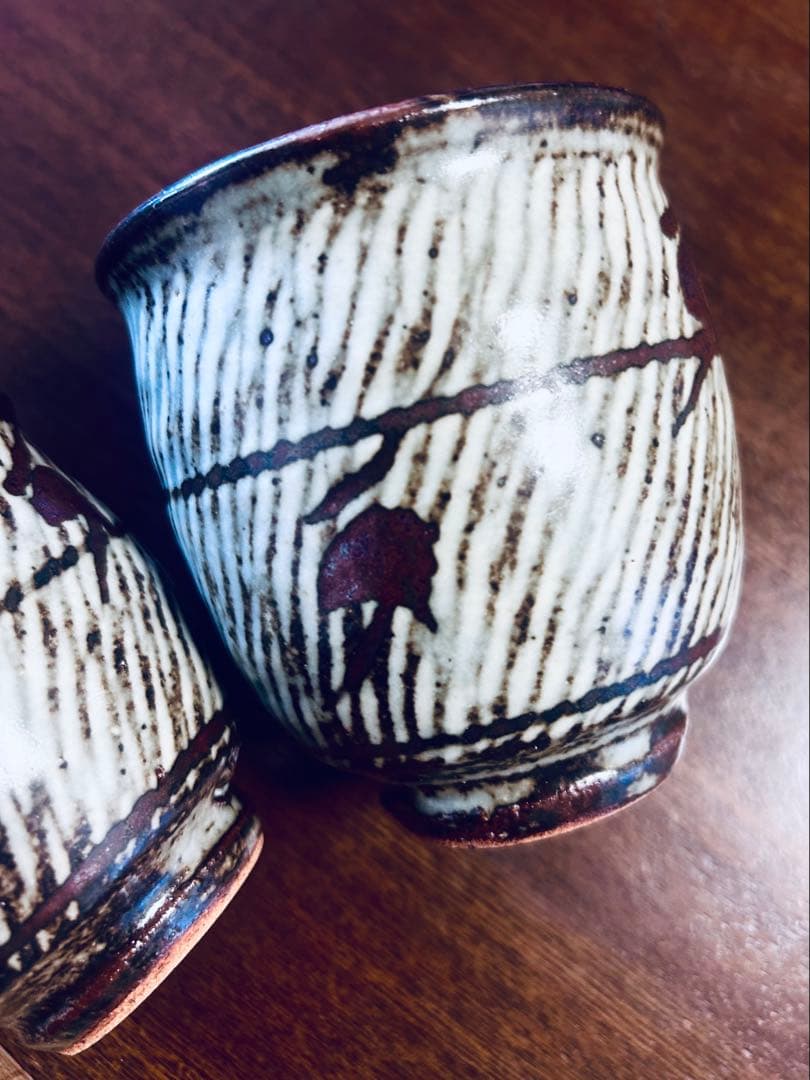 人間国宝 島岡達三　象嵌夫婦湯呑　ペア