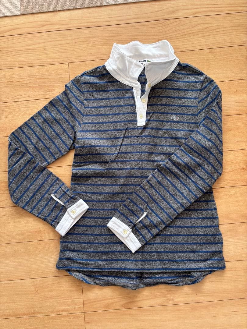LACOSTE ネイビーとホワイトストライプ ポロシャツ 42