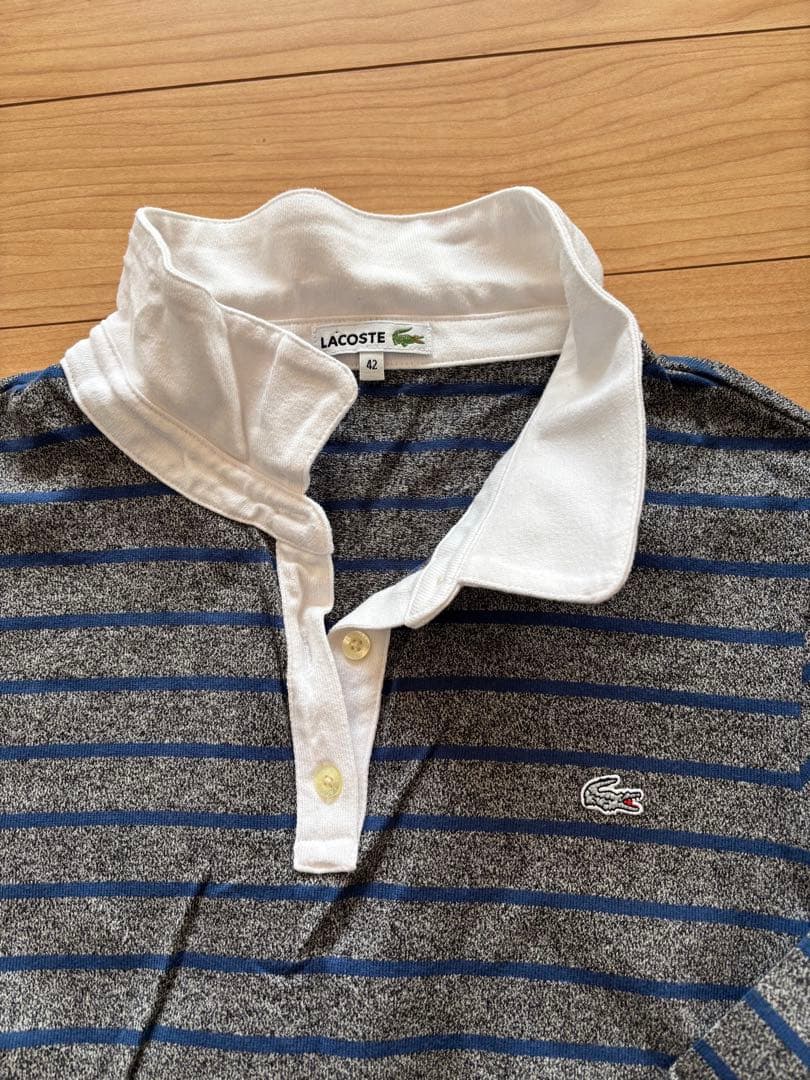 LACOSTE ネイビーとホワイトストライプ ポロシャツ 42