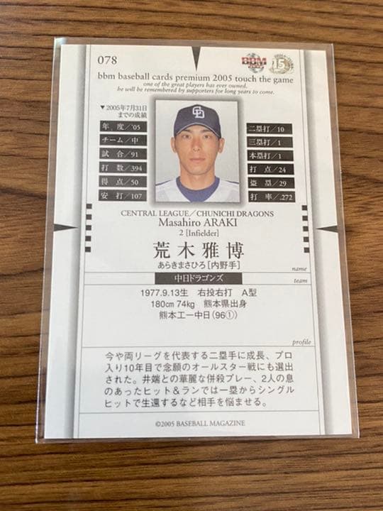 荒木雅博選手 直筆サインカード 中日ドラゴンズ