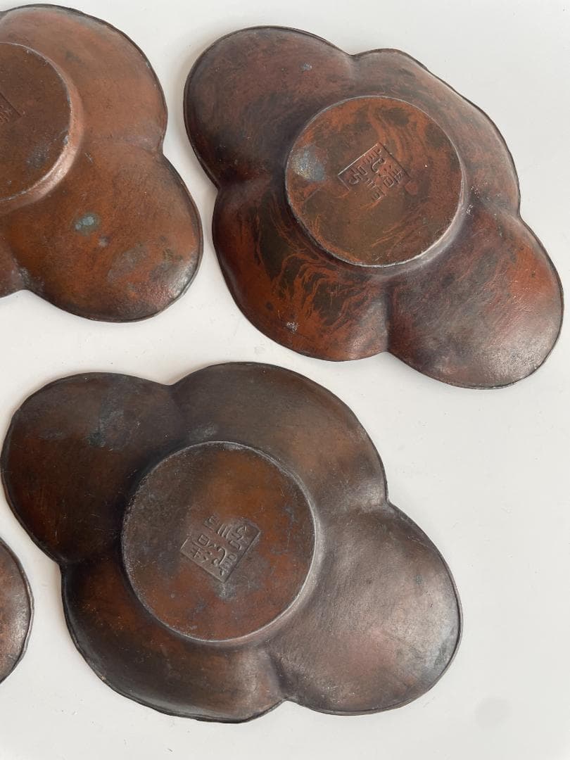 清順記号 古銅 古錫 木瓜 雲形 茶托 5客 茶卓 小皿 中国 古玩 唐物