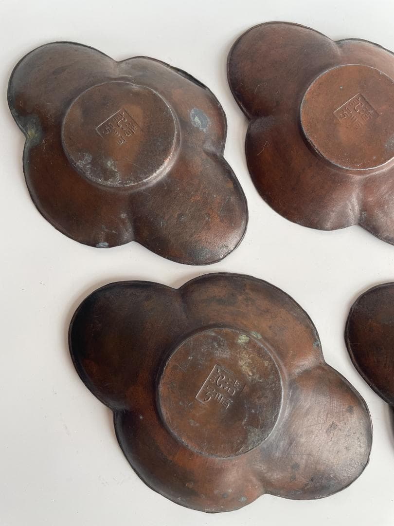 清順記号 古銅 古錫 木瓜 雲形 茶托 5客 茶卓 小皿 中国 古玩 唐物