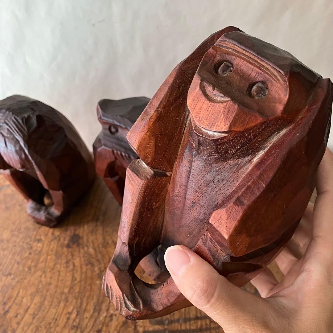 木製 三猿 彫刻 木彫り　サル　昭和レトロ　ビンテージ　骨董　アンティーク　置物