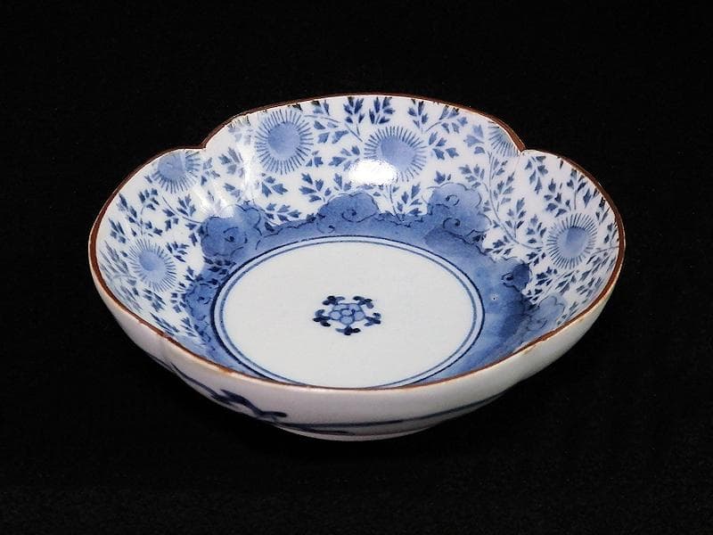 古伊万里　染付　型刷印判　木瓜型　撫子の図　江戸中期　C077AS- BMu