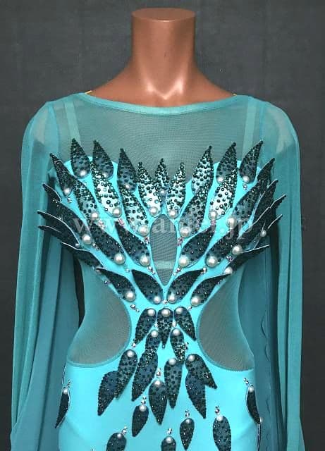 ターコイズ 長袖 社交ダンスドレスTID