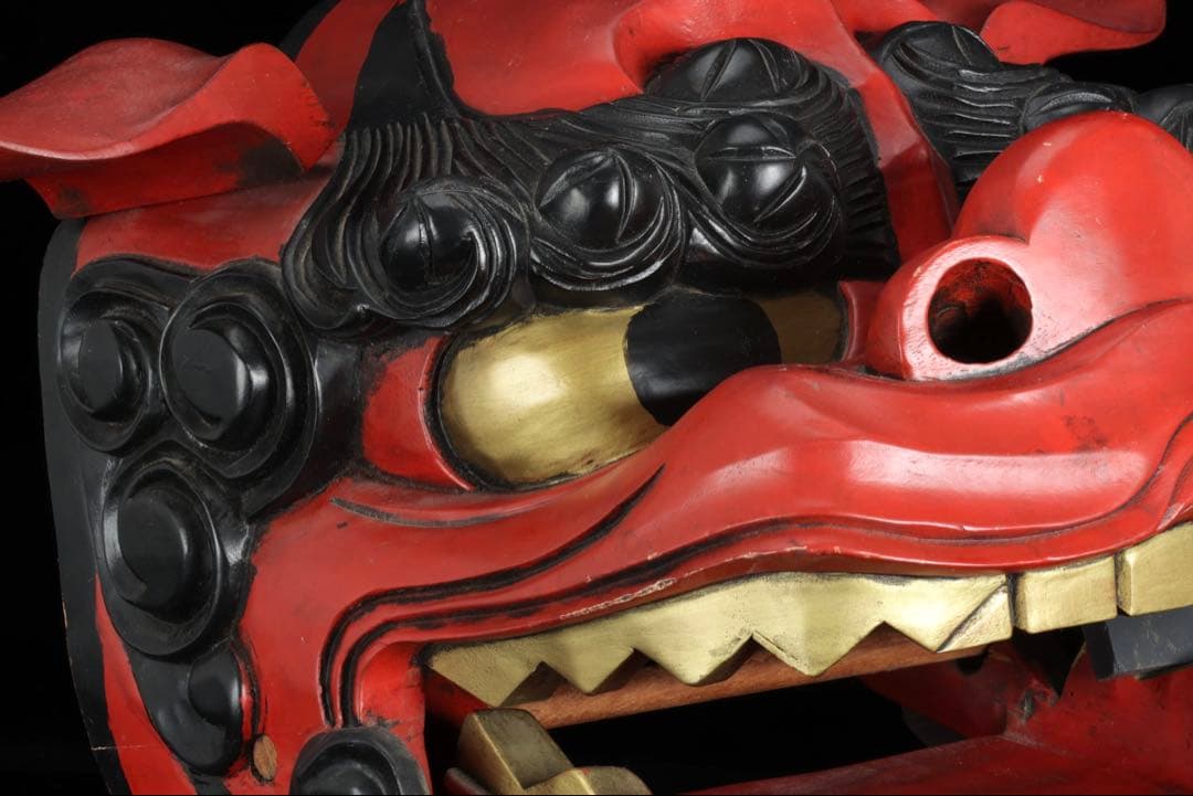 時代物 木彫獅子頭 朱漆金彩 幅49cm 獅子舞 神楽面 魔除 縁起物 骨董品