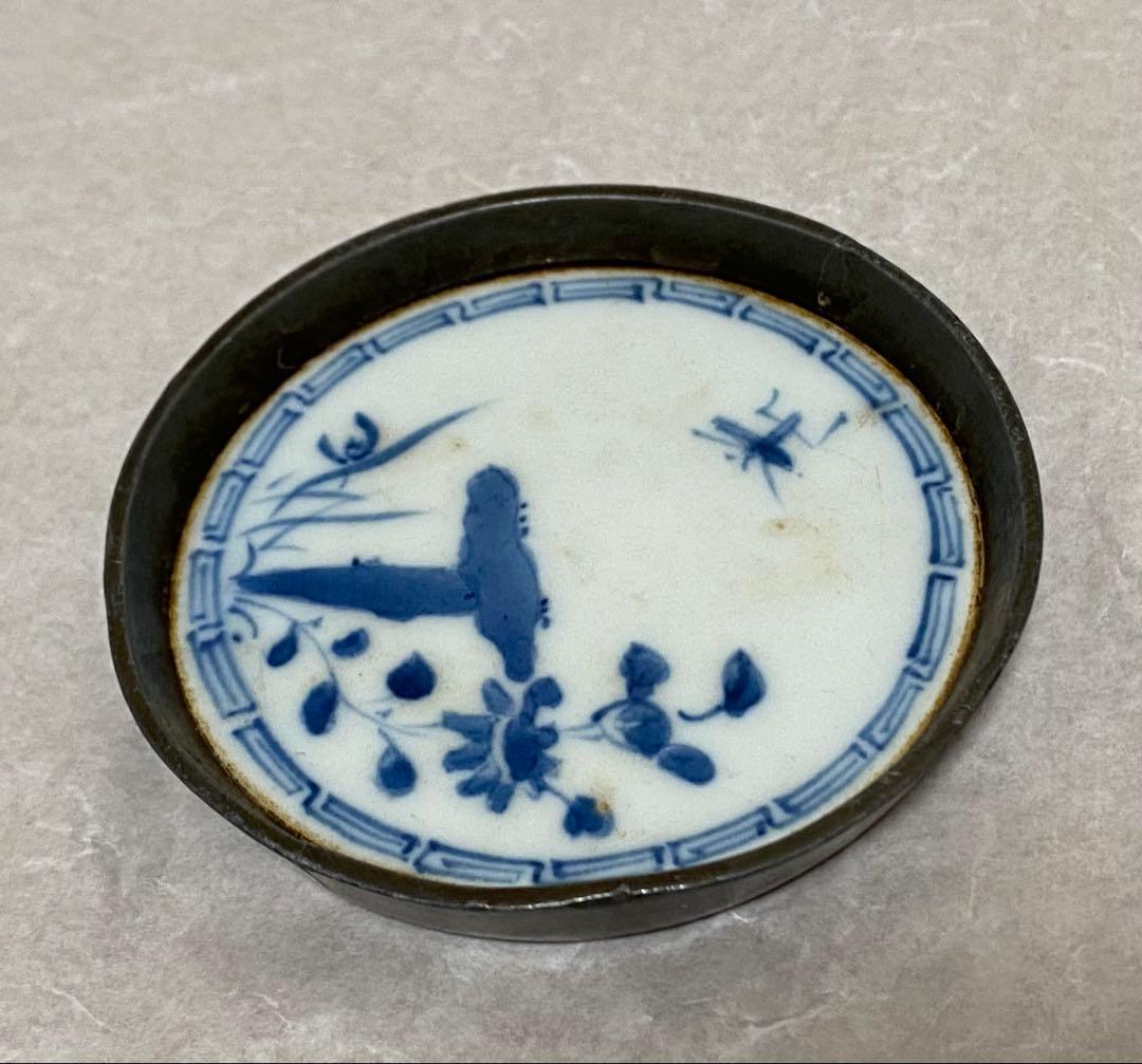 煎茶道具　中国唐物　古錫茶托　浄足銘　花に虫図染付　希少