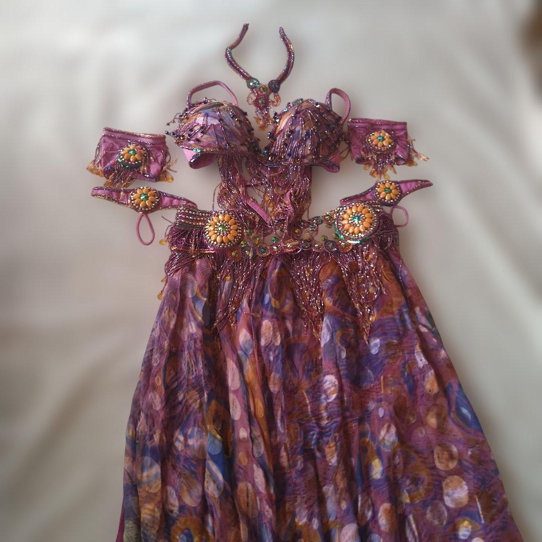トルコ製高級ベリーダンス衣装　フルセット 紫オレンジ系　SAN EL MODA