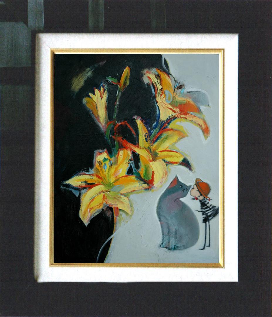 油絵 菅家令子絵 絵画インテリア額付(青緑＋金色の枠)uF6-050320猫女子