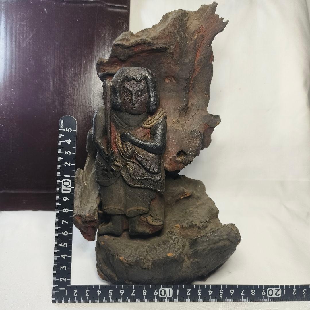 不動明王像 木彫り 樹根彫り光背 江戸骨董 桐箱付 仏教美術 アンティーク