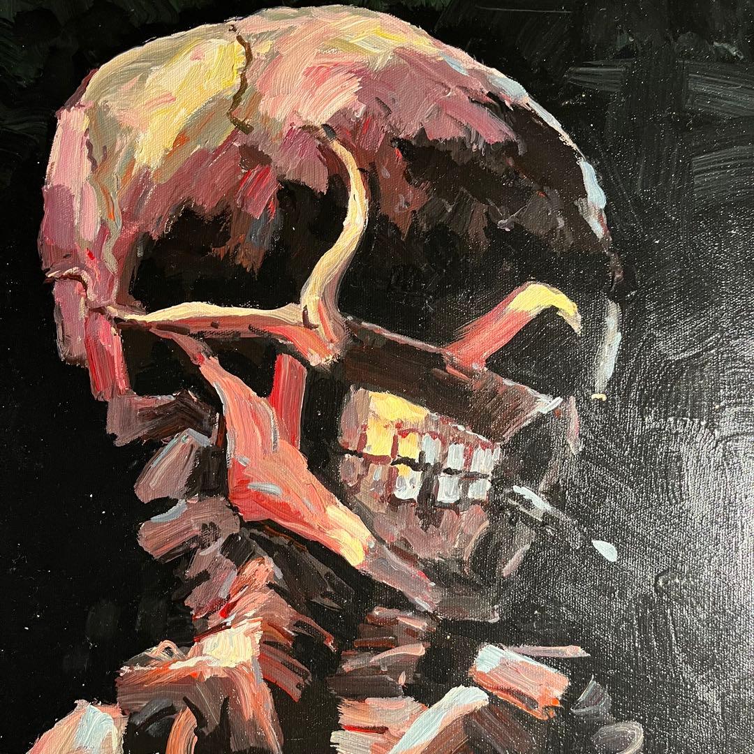 ★秀作★手書き油絵 ゴッホ タバコを咥えた骸骨 額付き 肉筆絵画 油彩画