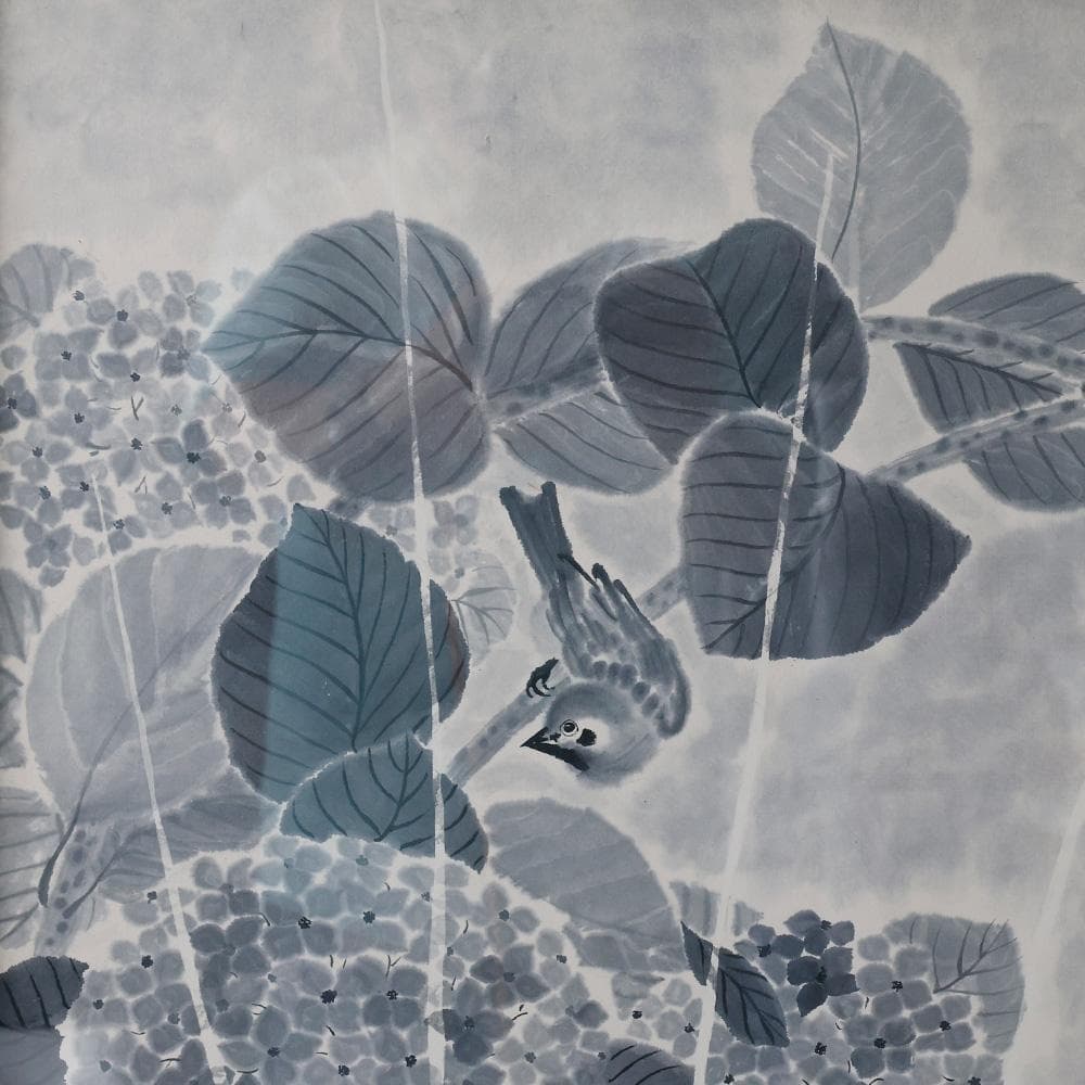 水墨画 在銘 花鳥図 紫陽花と雀 額装 あじさい 縦72㎝ 横85㎝ F35号