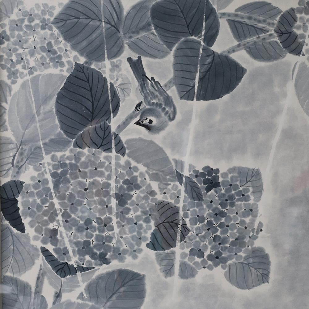 水墨画 在銘 花鳥図 紫陽花と雀 額装 あじさい 縦72㎝ 横85㎝ F35号