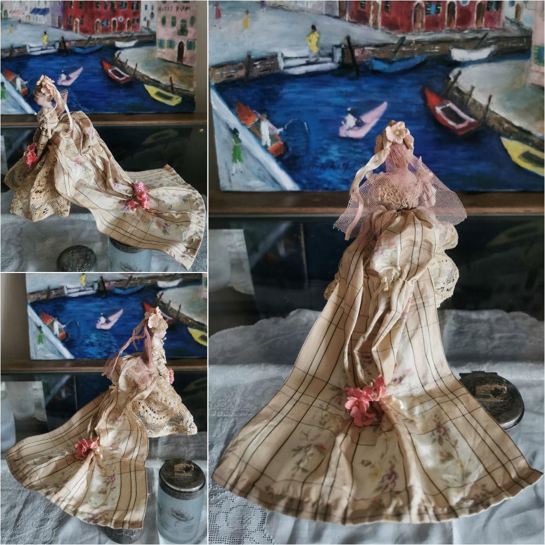 アンティークドイツ 美しい花嫁ミレットビスクドール 薔薇絹ほぐし織りレースドレス