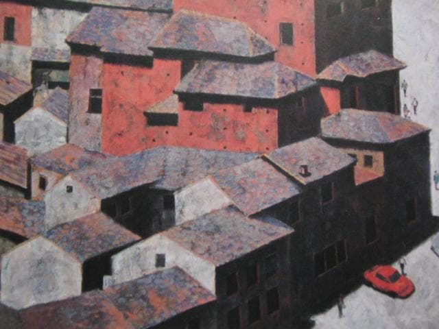 中町進、【街角】、希少な額装用画集より、新品額装付、状態良好