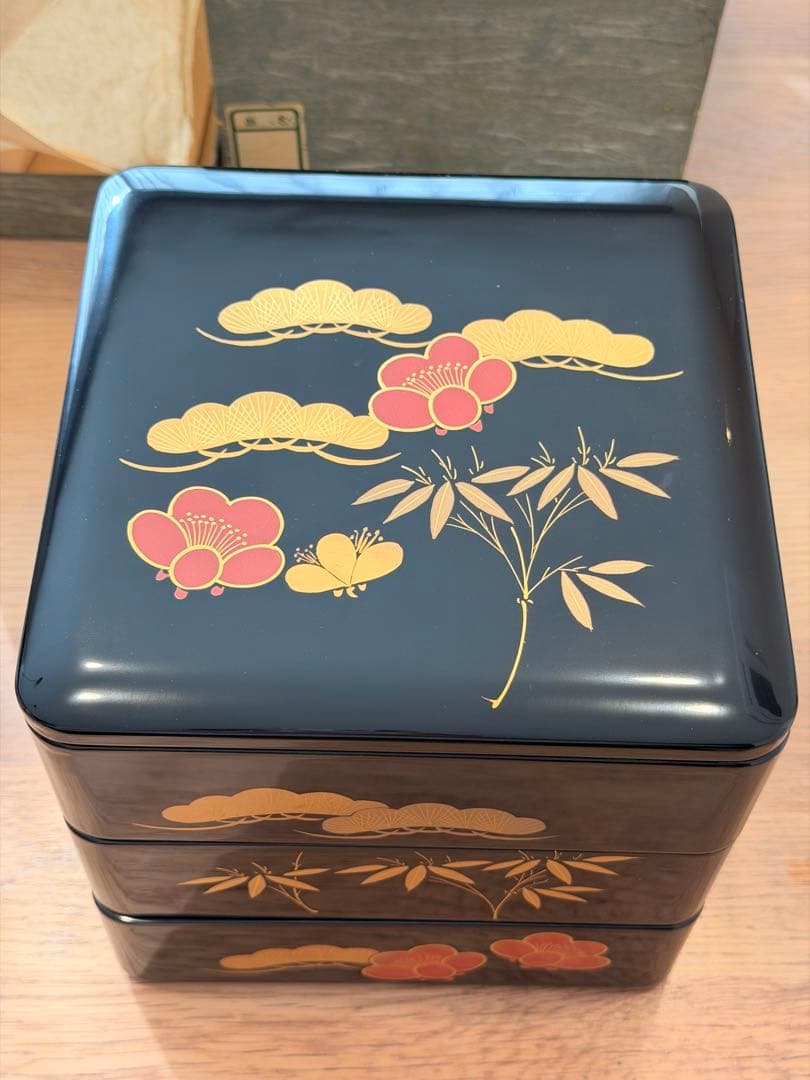 【未使用】漆器 3段 重箱 松竹梅 お重 箱付き