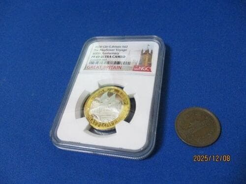 イギリス 2ポンド銀貨☆メイフラワー号航海400周年／未使用／NGC PF69