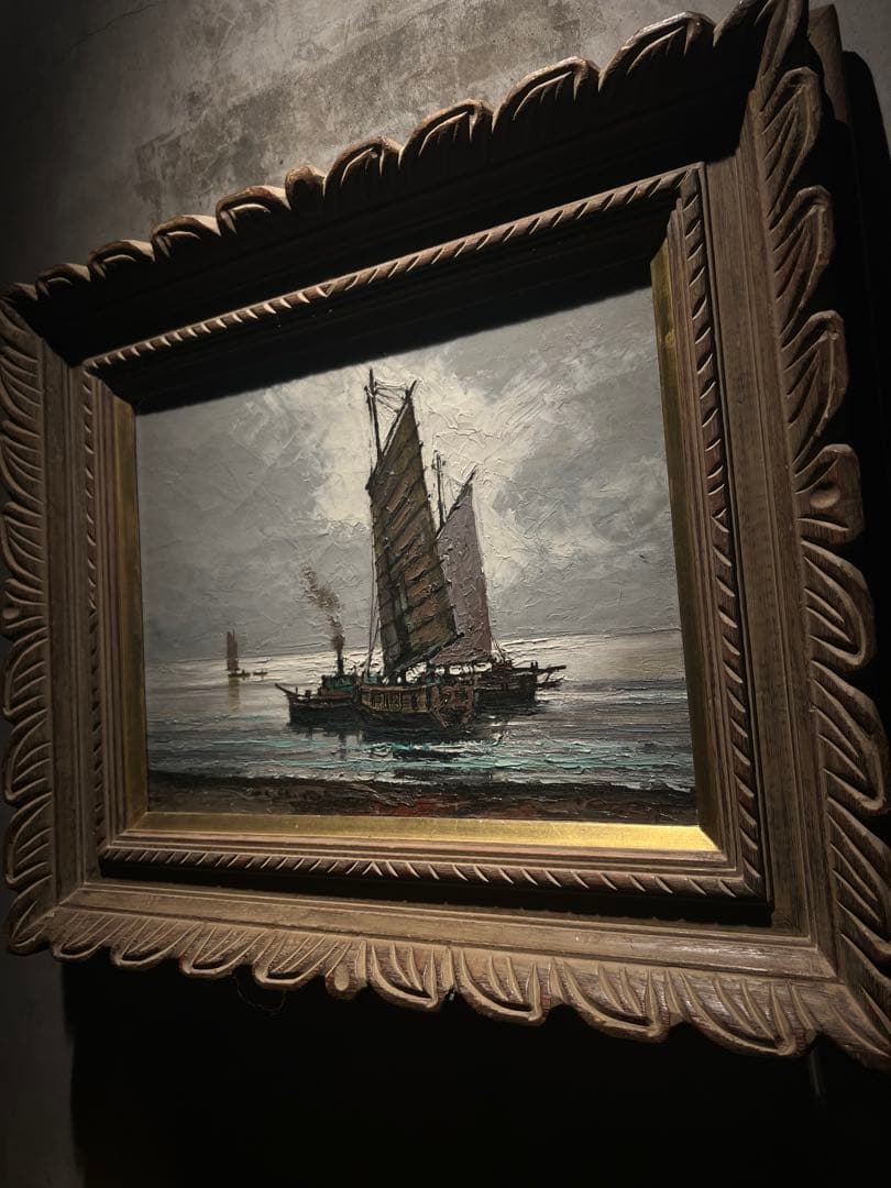 リアリズム　帆船の油彩画　肉筆油彩画