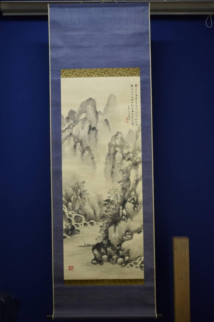 不詳/作者不詳/山渓釣舟画賛/布袋屋掛軸HE-189