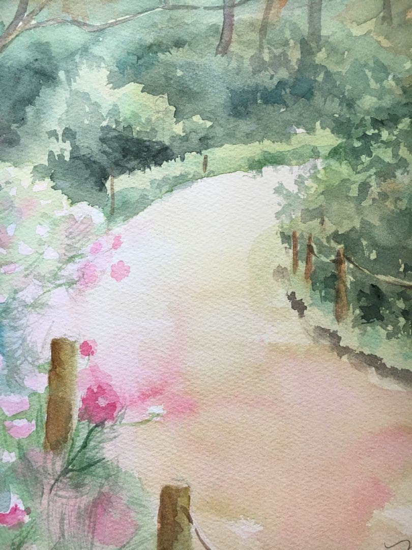 透明水彩画原画風に揺れるコスモスたち