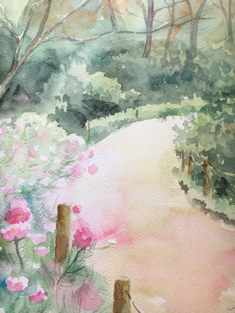 透明水彩画原画風に揺れるコスモスたち