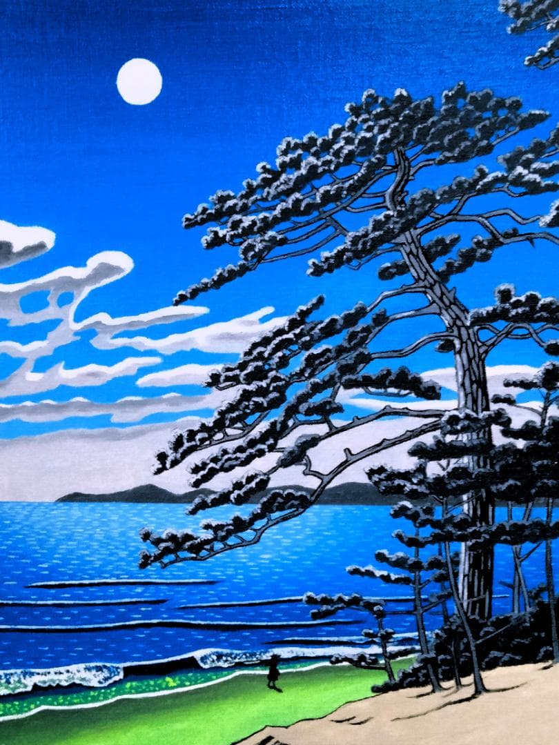 ★川瀬巴水(二宮海岸)模写・谷村一男肉筆油彩画・F6・新品額付き