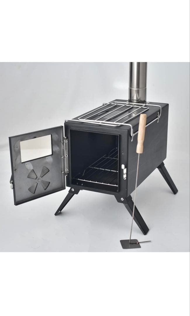 薪ストーブ アウトドア調理 暖炉 キャンプ テント 煙突付き (ブラック/鉄製)