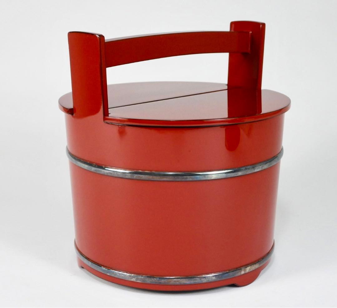 木製　輪島塗　銀輪線　朱漆塗り　手桶水指　共箱　茶道具