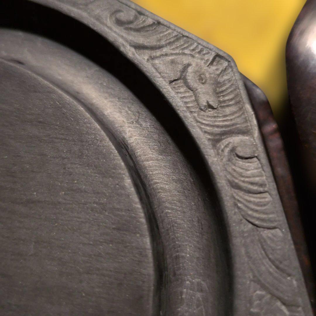 中国美術【八角形硯】馬＆魚 骨董　鑑賞