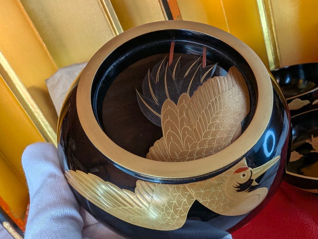 明治時代 輪島塗 金蒔絵 椀 2客 鶴亀 お正月用 木製 汁椀 菓子椀 漆器