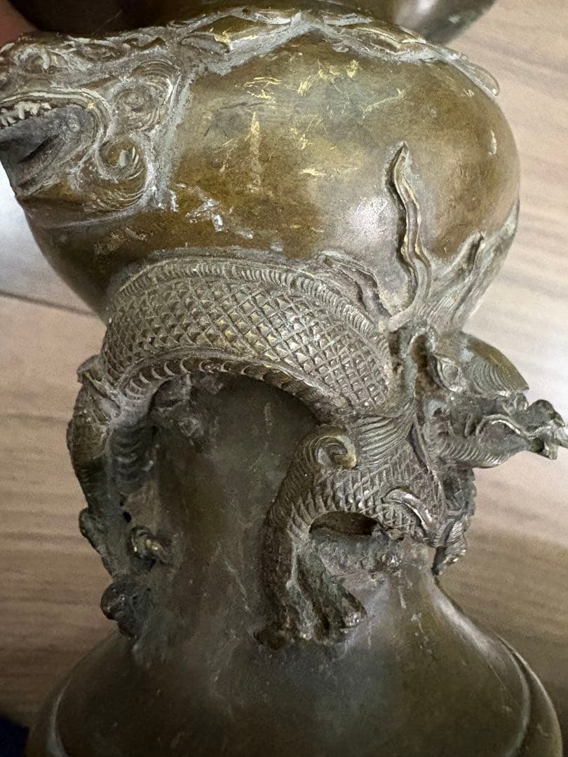 ▽ 錆物師 『鍋長』作江戸時代 龍雕刻 宣德銅製 古董
