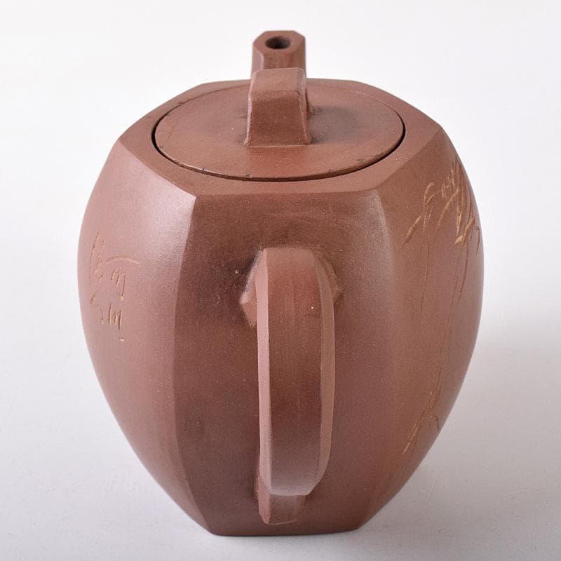 中国　小六方　紫砂　朱泥　漢詩草文　六角急須　茶壷　V　R8293