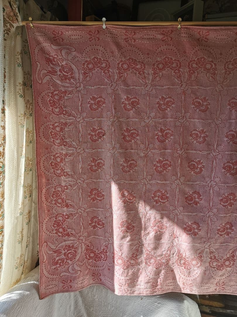 アンティーク フランス ダマスクローズ リボン 大判リネンクロス ダブルフェイス