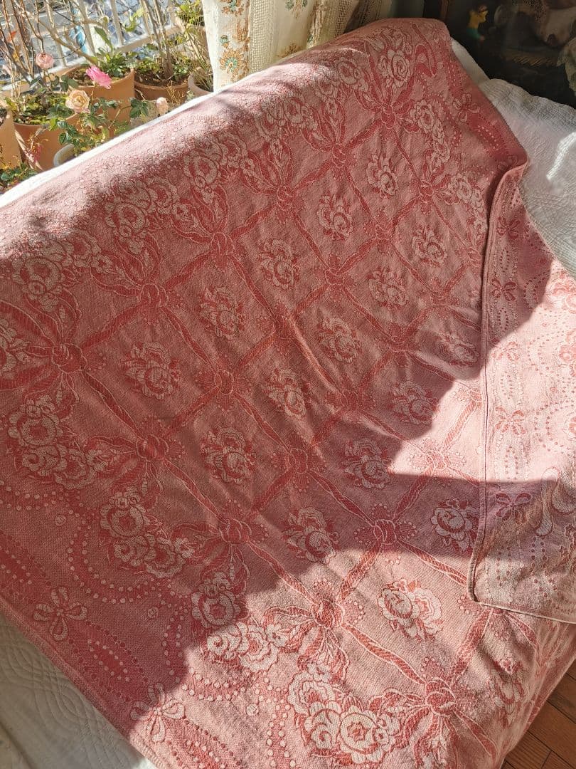 アンティーク フランス ダマスクローズ リボン 大判リネンクロス ダブルフェイス