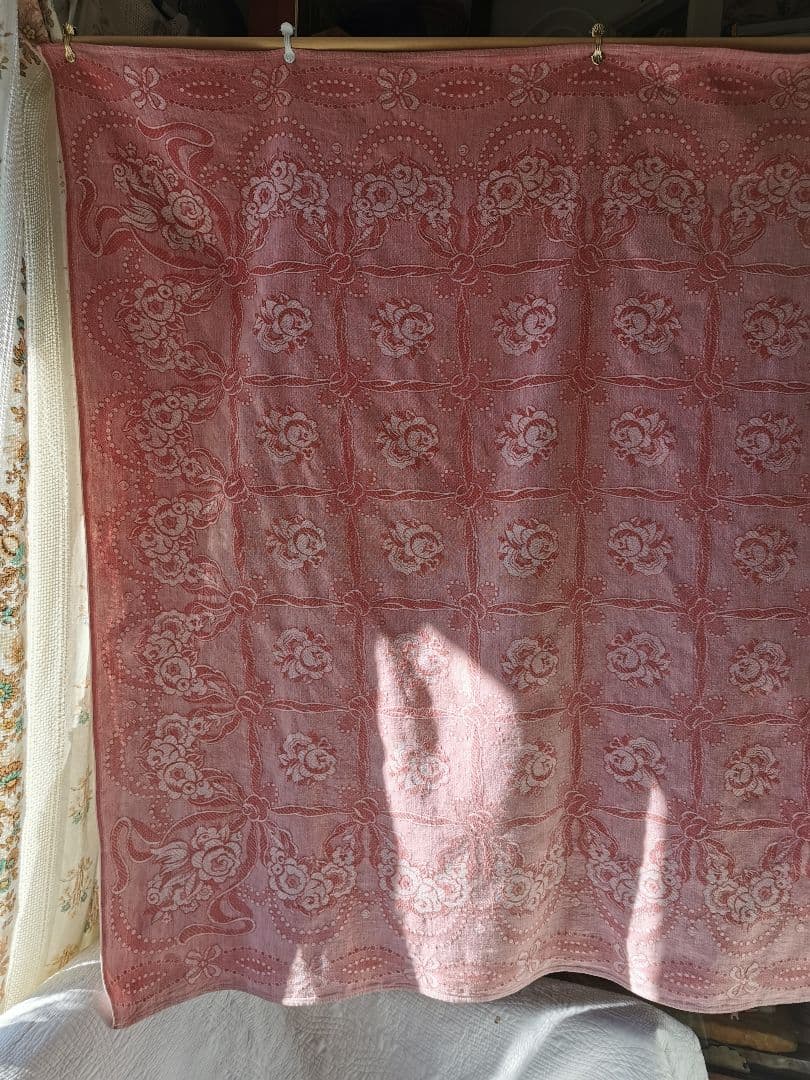 アンティーク フランス ダマスクローズ リボン 大判リネンクロス ダブルフェイス