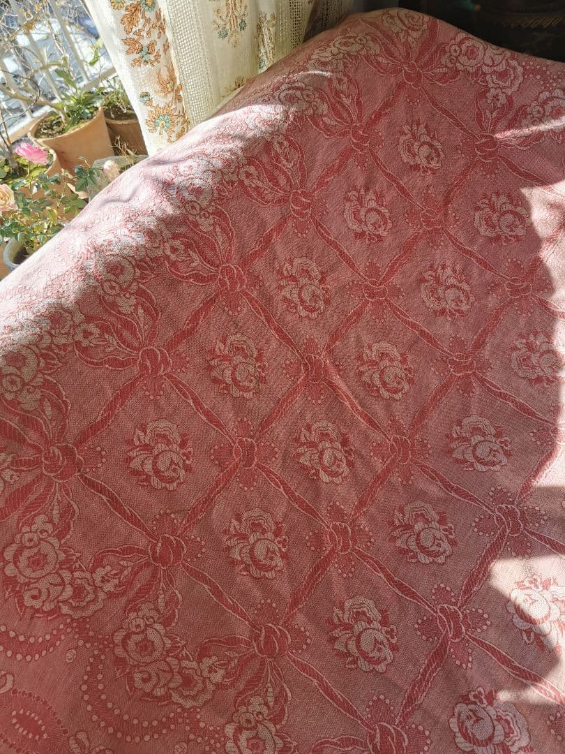 アンティーク フランス ダマスクローズ リボン 大判リネンクロス ダブルフェイス