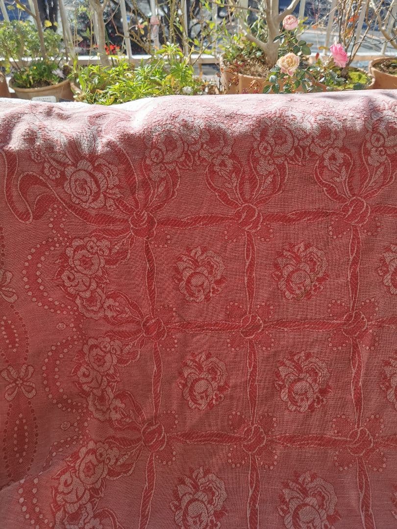 アンティーク フランス ダマスクローズ リボン 大判リネンクロス ダブルフェイス